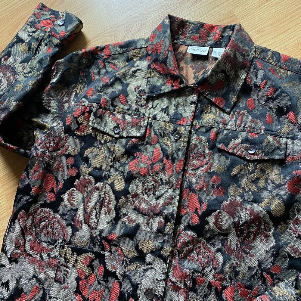 CHICO’S FLORAL BEADED METALLIC TAPESTRY JACKET